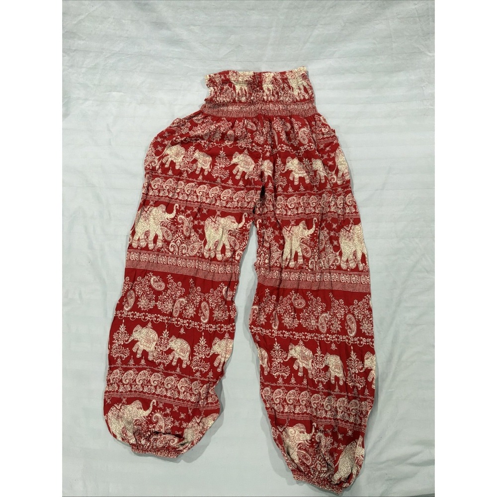 Red Elephant Print Harem‎ Pants Smocked Waist Boho Yoga Hippie Genie Aladdin S/M